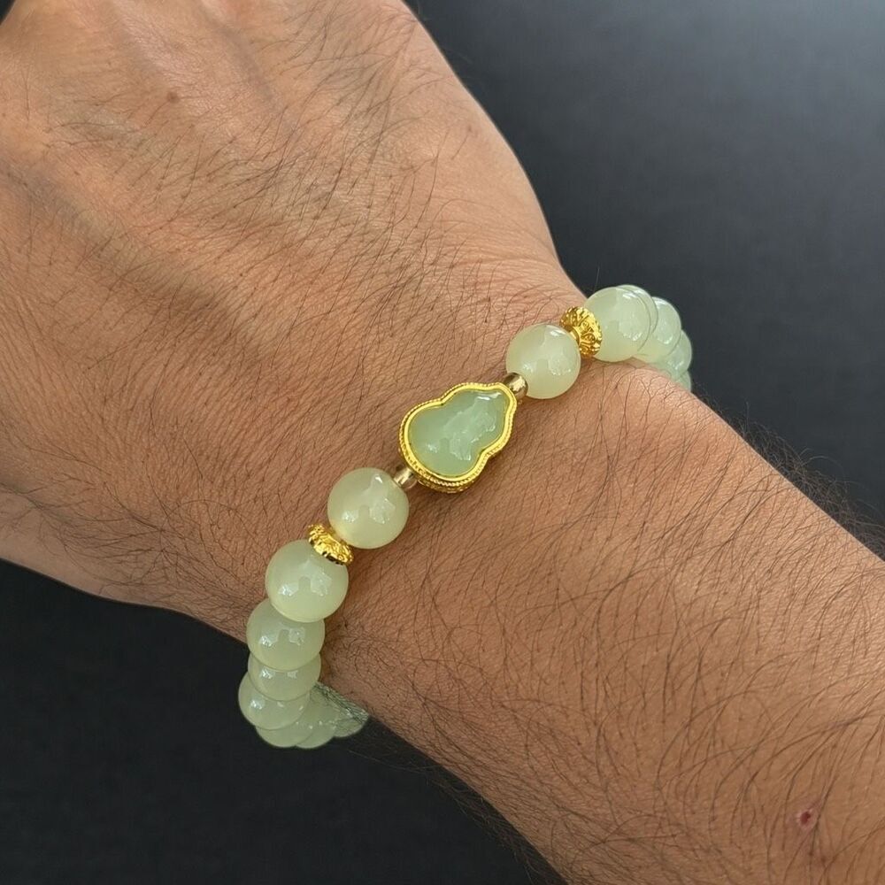 Men’s Asian Style Green Beaded Stretch Bracelet, Simulated Jade or Aventurine
